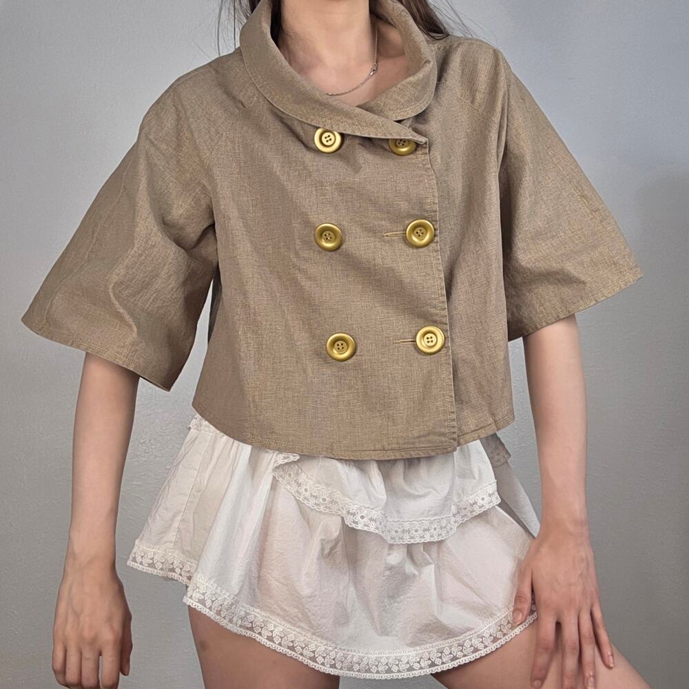 Vintage Linen Blend Cape Jacket Cropped Double Breasted Taupe Boho Medium